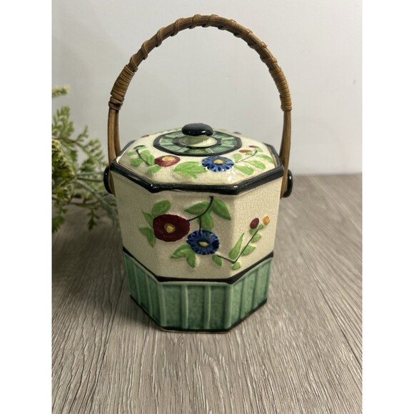 Vintage Porcelain Jar W/ Lid & Wicker Rattan Handle Floral Tea Caddy - Picture 3 of 13